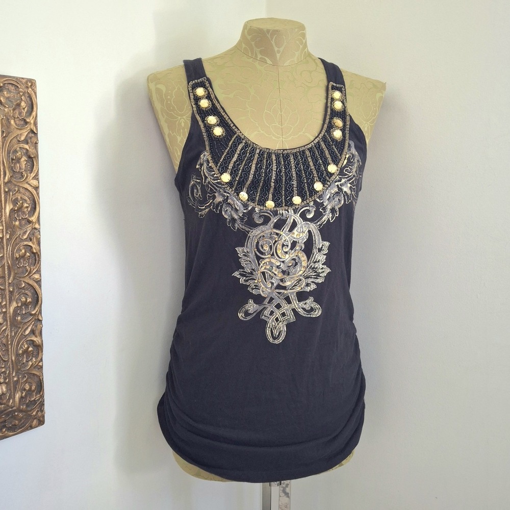 Y2K Vintage Southpole Black Gold Beaded Embellished Tunic‎ Top WhimsyGoth